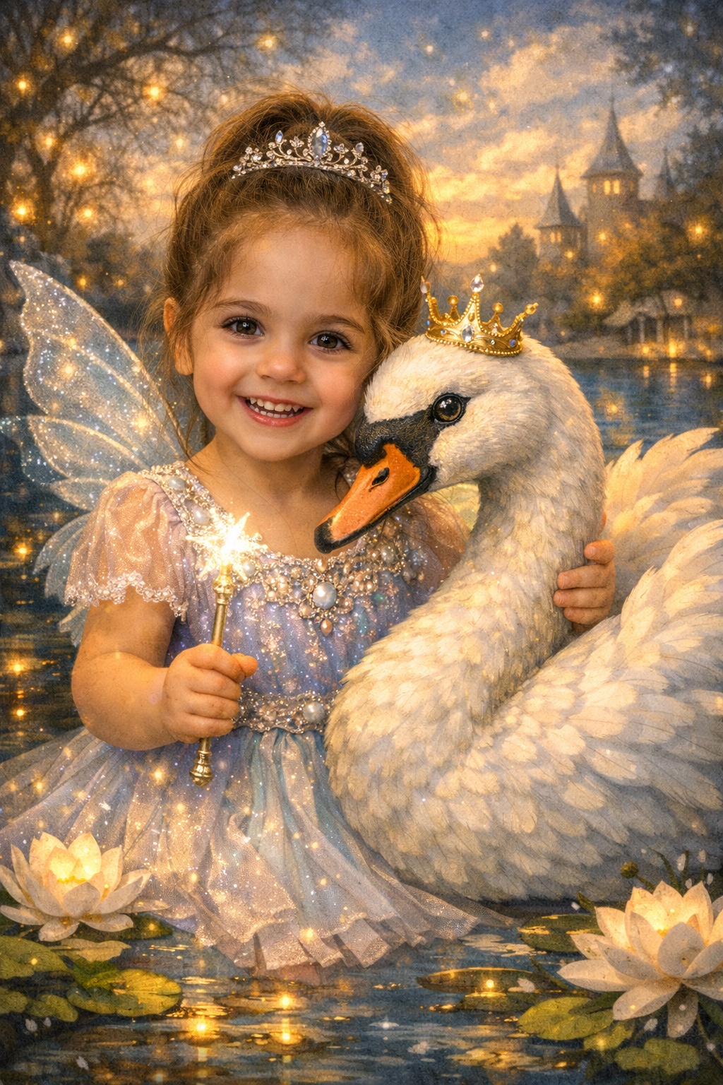 A smiling fairy child with a magical white swan
